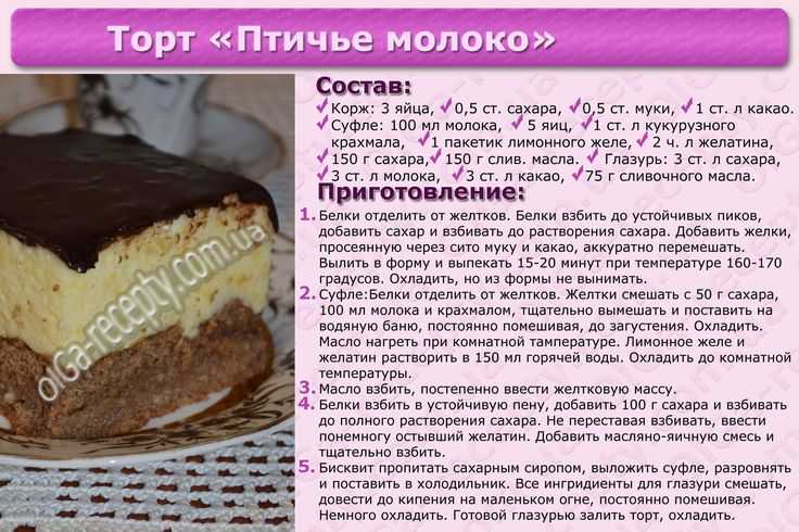 Рецепт пп торт птичье молоко. калорийность, химический состав и пищевая ценность.